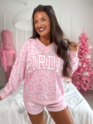 BIRDIE PREORDER V Neck Oversized Sweatshirt in Sugar Bloom Duck Camo