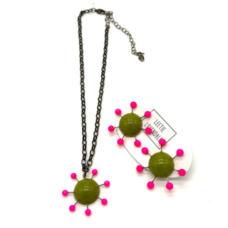 OlIve green earrings with hot pink beads radiating from center with posts and matching necklace pendant on a chain.