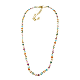 A golden chain necklace with colorful enameled links on a white background.