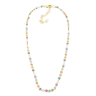 A golden chain necklace with colorful enameled links on a white background.