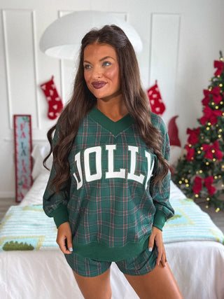 BIRDIE PREORDER V Neck Jolly Oversized Sweatshirt in Pinecrest Plaid