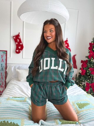 BIRDIE PREORDER V Neck Jolly Oversized Sweatshirt in Pinecrest Plaid