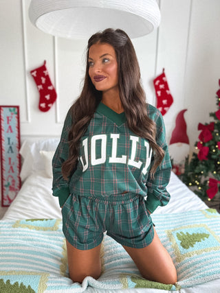 BIRDIE PREORDER V Neck Jolly Oversized Sweatshirt in Pinecrest Plaid