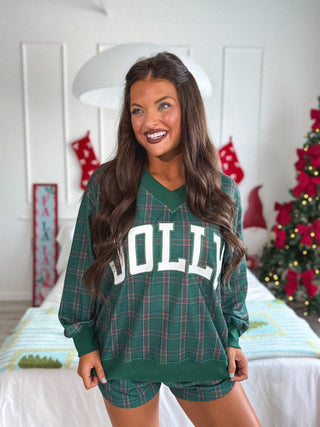 BIRDIE PREORDER V Neck Jolly Oversized Sweatshirt in Pinecrest Plaid