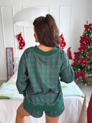 BIRDIE PREORDER V Neck Jolly Oversized Sweatshirt in Pinecrest Plaid