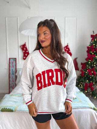 BIRDIE PREORDER Aspen Varsity V-Neck Pullover in Heathered Snowfall