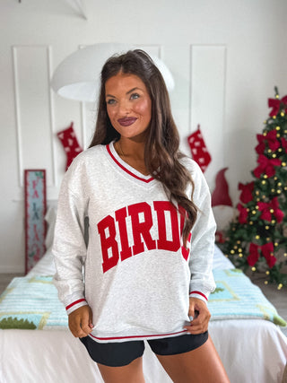 BIRDIE PREORDER Aspen Varsity V-Neck Pullover in Heathered Snowfall