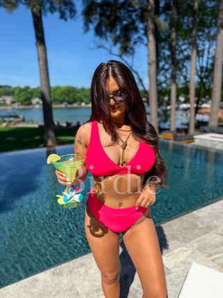 BIRDIE Two Piece Swimsuit in Neon Red (Sold as Set)