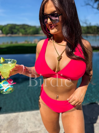BIRDIE Two Piece Swimsuit in Neon Red (Sold as Set)