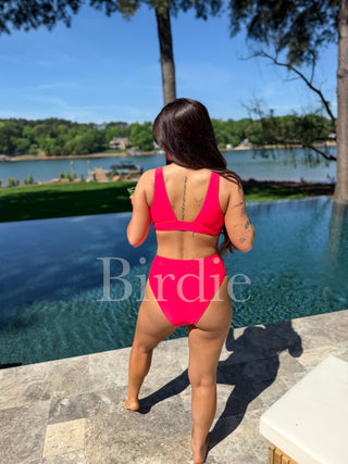 BIRDIE Two Piece Swimsuit in Neon Red (Sold as Set)