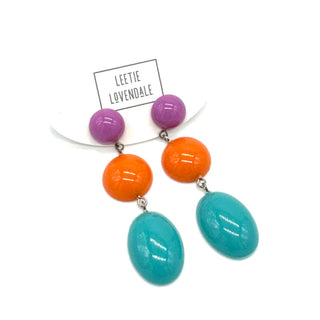 Colorful beaded earrings with 'Leetie Lovendale' branding on a white background