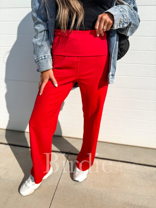 BIRDIE Fold Over Band Active Yoga Pants in Red