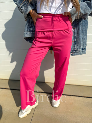 BIRDIE Fold Over Band Active Yoga Pants in Hot Pink