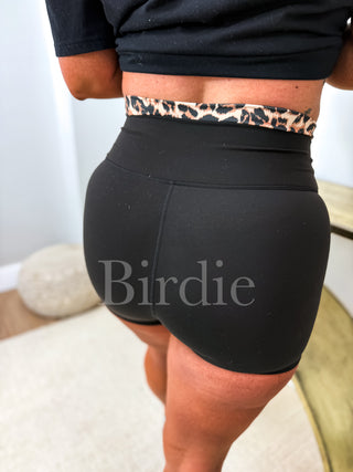 BIRDIE Black Biker Shorts with Leopard