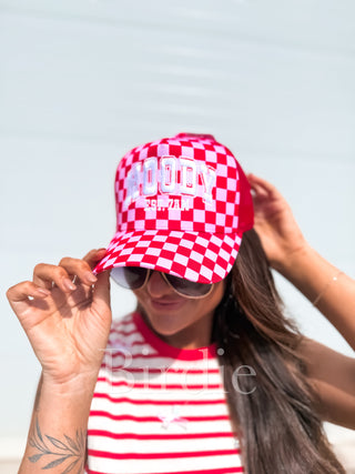 BIRDIE MOODY Embroidered on Pink Red Checkered Trucker Hat