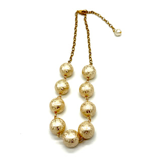 Half chain and half beaded necklace, featuring gold chain and floral etched pearl lucite beads.