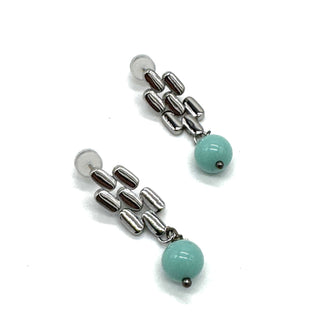 Silver drop earrings with a turquoise glass bead.