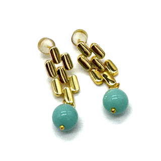 Gold drop earrings with a turquoise glass bead.