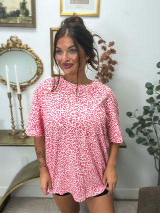 BIRDIE PREORDER Premium Blend Oversized Tee in Pink Party Leopard