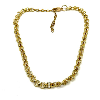 A gold-colored chain necklace with a rolo link pattern, shown on a plain white background. It features a lobster clasp closure at the top.