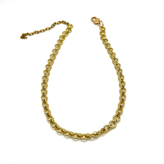 A gold-toned metal chain necklace with a lobster clasp and extender chain, displayed on a plain white background.