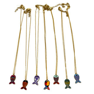 Six gold-tone chain necklaces with colorful fish-shaped pendants, displayed vertically against a plain white background.