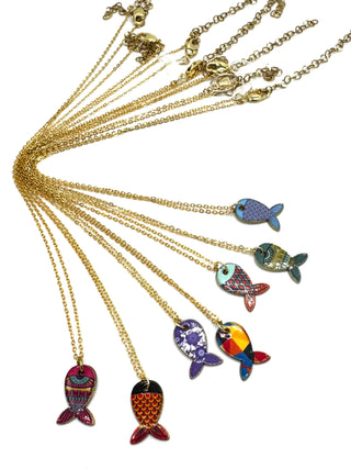 A set of gold chain necklaces with colorful fish-shaped pendants, displayed against a solid white background.