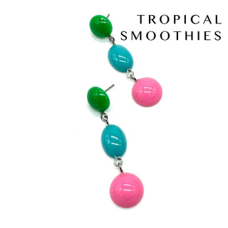 Colorful beaded earrings with 'Tropical Smoothies' text on a white background