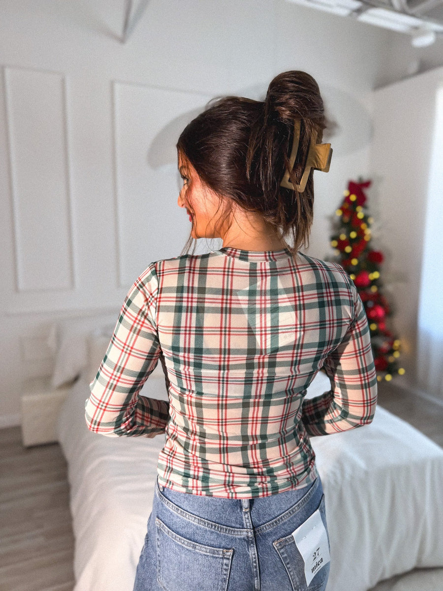 BIRDIE PREORDER Mesh Long Sleeve Top in Plaid Tidings