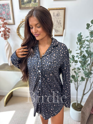 BIRDIE Long Sleeve Sleep Dress in Indigo Wild Leopard