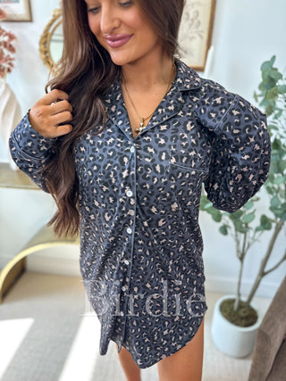 BIRDIE Long Sleeve Sleep Dress in Indigo Wild Leopard