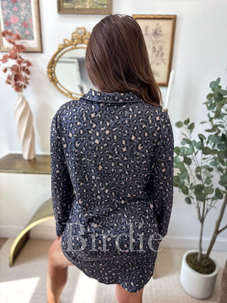 BIRDIE Long Sleeve Sleep Dress in Indigo Wild Leopard