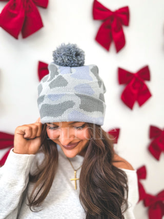 BIRDIE Gray Duck Camo Puff Beanie