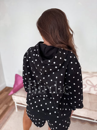 BIRDIE Hoodie in Black with White Polka Dots
