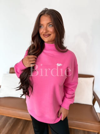BIRDIE Heart Embroidered Fleece Pullover in Bubblegum Pink