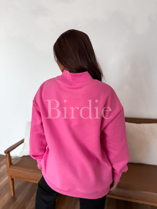 BIRDIE Heart Embroidered Fleece Pullover in Bubblegum Pink