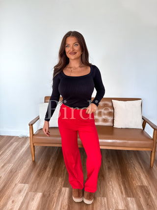 BIRDIE Fold Over Band Active Yoga Pants in Red