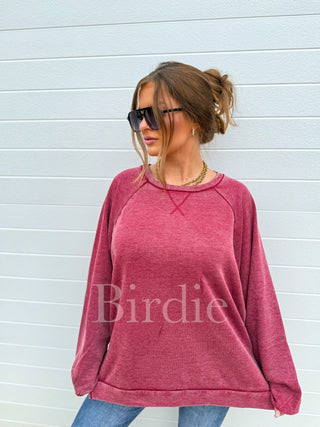 BIRDIE Ash Wash Raglan Loose Banded Pullover in Wine