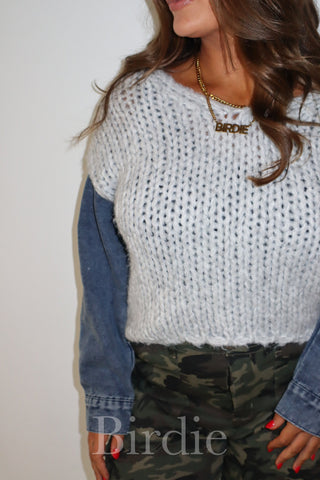 BIRDIE Light Gray Denim Sleeve Sweater
