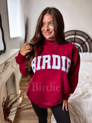 BIRDIE Embroidered Mock Neck Pullover in Maroon