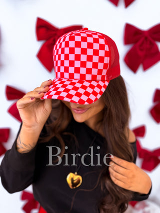BIRDIE Red & Pink Checkered Trucker Hat