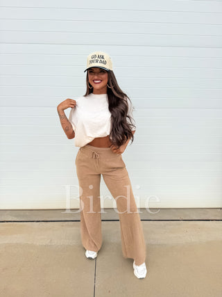 BIRDIE Ribbed Wide Leg Pants with Tummy Control in Tan