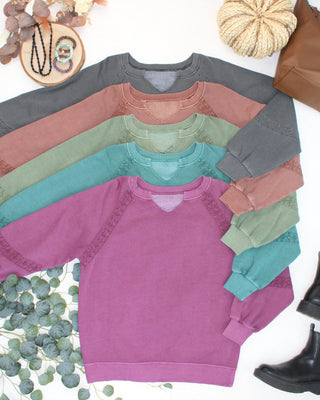 IN STOCK Lace Accent Vintage Wash Pullover - Brown