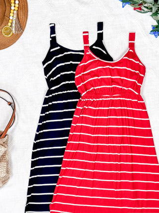 IN STOCK Reagan Ribbed Midi Dress - Midnight Navy Stripes FINAL SALE