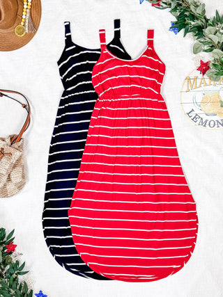 IN STOCK Reagan Ribbed Midi Dress - Midnight Navy Stripes FINAL SALE