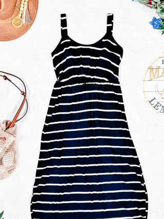 IN STOCK Reagan Ribbed Midi Dress - Midnight Navy Stripes FINAL SALE
