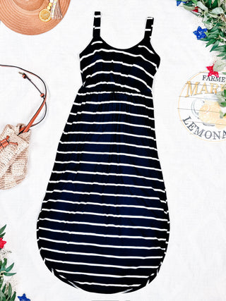 IN STOCK Reagan Ribbed Midi Dress - Midnight Navy Stripes FINAL SALE