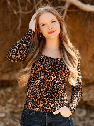 Square Neck Long Sleeve Top, Leopard