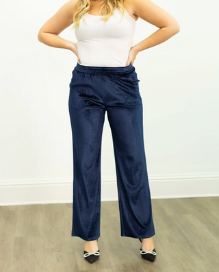 Velvet Straight-Leg Pants, Navy