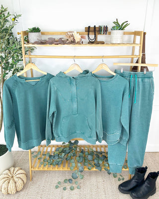IN STOCK Lace Accent Vintage Wash Pullover - Teal